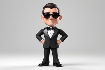 Wall Mural - Dashing secret agent with a tuxedo and sunglasses, ready for a mission in 3D design on a white background. Made with generative AI technology
