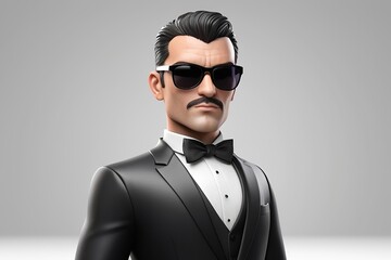 Wall Mural - Dashing secret agent with a tuxedo and sunglasses, ready for a mission in 3D design on a white background. Made with generative AI technology