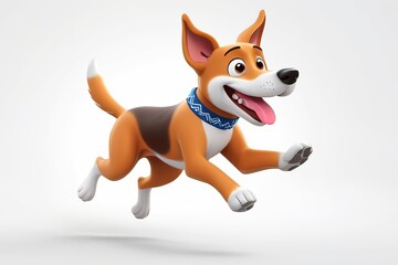 Wall Mural - Energetic dog cartoon with a bandana and a wagging tail, chasing a frisbee in 3D design on a white background. Made with generative AI technology