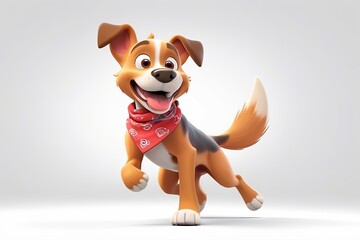 Wall Mural - Energetic dog cartoon with a bandana and a wagging tail, chasing a frisbee in 3D design on a white background. Made with generative AI technology