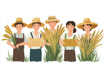 Wall Mural - Friends of modern Japanese farmers. 5 people. There are harvested ears of rice in the back. An illustration composed of simple minimalist aspects. The background is white.