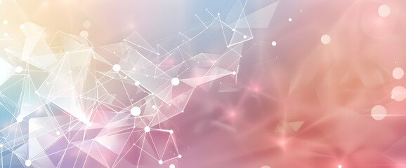 Poster - abstract background with a polygonal mesh in light grey and pastel colors, white dots connected by lines and triangles forming a gradient from left to right, a soft glow with a blurred background in a