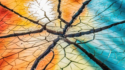 Canvas Print - A close up of a cracked piece of glass with different colors, AI