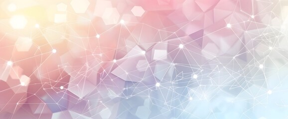 Poster - abstract background with a polygonal mesh in light grey and pastel colors, white dots connected by lines and triangles forming a gradient from left to right, a soft glow with a blurred background in a