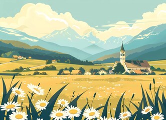 Poster - A flat vector illustration of a large field with wheat and daisies, in the background there is an old village with houses and church on the horizon