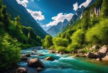 Wall Mural - breathtaking landscapes featuring stunning natural wonders majestic lush vibrant rivers, nature, mountain, forest, valley, scenery, view, sky, cloud