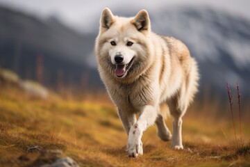 Portrait of a beautiful dog breed Siberian Husky running in the autumn forest