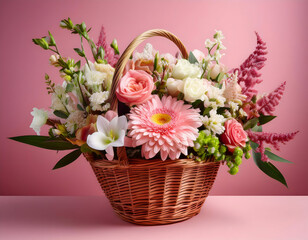 Wall Mural - lovely bouquet of assorted flowers in a wicker basket, placed in front of a soft pink background. The flowers should be arranged in a way that highlights their natural beauty, with the pink backgrou