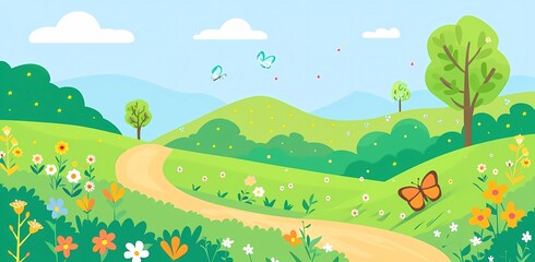 Poster - flat vector illustration of spring landscape with green hills, trees and flowers, butterfly on the road, simple flat design cartoon style