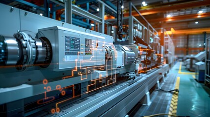 Poster - A large industrial facility with machines controlled by variable frequency drives, demonstrating precise energy management with dynamic visuals of power usage and efficiency