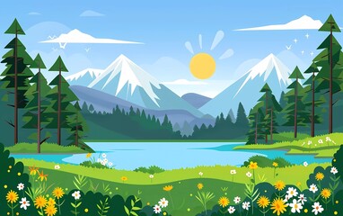 Wall Mural - Beautiful mountain landscape with green meadows, a lake and forest on a blue background in a flat vector illustration