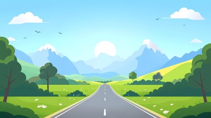 Sticker - Beautiful road in the green field landscape background vector illustration with blue sky and mountain, simple flat cartoon style, 