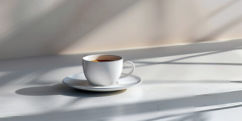 Elegant coffee setup with a sleek, modern espresso cup and saucer, placed on a plain, light-colored surface with minimalistic shadows.