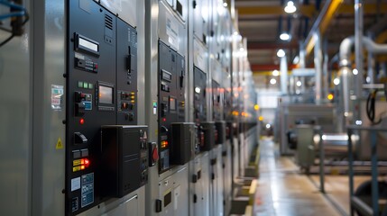 Poster - A large industrial facility with machines controlled by variable frequency drives, demonstrating precise energy management with dynamic visuals of power usage and efficiency