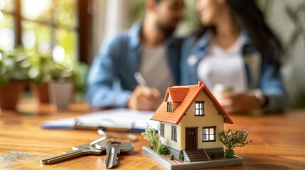 Poster - A couple is sitting at a table with a house model and a key