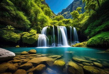 Wall Mural - vibrant landscapes featuring stunning natural wonders lush majestic breathtaking waterfalls under clear blue skies, nature, mountain, greenery, sky