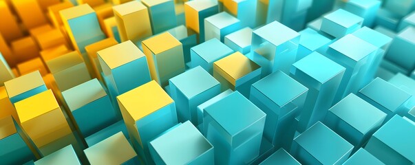 Wall Mural - Abstract 3D Rendering of Interlocking Blue and Yellow Cubes