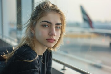 A young woman with blonde hair, wearing a black shirt, is sitting at an airport terminal window, looking thoughtfully out at the planes, reflecting on her travel adventure.