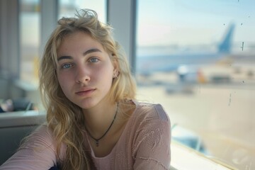 A young woman with casual attire sits at an airport terminal window, looking out at the runway and planes, possibly contemplating her departure or future journey.