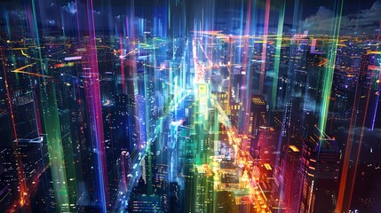 Wall Mural - A cityscape at night illuminated by LED streetlights, with vibrant colors and patterns forming in the light beams, contrasting with the dark sky 