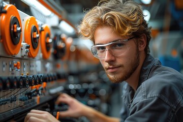 Wall Mural - A man in a grey shirt and goggles is working on a machine