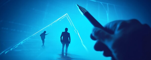 Poster - Businessman drawing an upward arrow representing growth and success in a blue futuristic setting