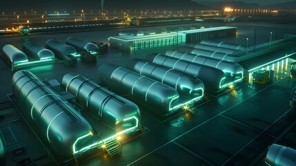 Poster - A state-of-the-art facility producing green hydrogen, with solar panels and wind turbines providing power, and hydrogen being stored in sleek, glowing tanks ready for transport