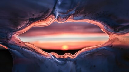 Wall Mural - A picture of a sunset is seen through the hole in an ice block, AI