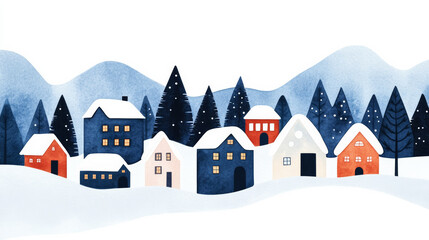 Sticker - A festive holiday village with snow covered rooftops and twinkling lights at twilight watercolour illustration 