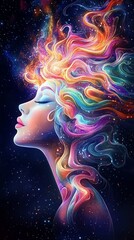 Wall Mural - Neon face of a goddess with delicate features, framed by shimmering stars and cosmic dust, ethereal beauty in space