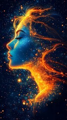 Wall Mural - Neon face of a goddess with delicate features, framed by shimmering stars and cosmic dust, ethereal beauty in space