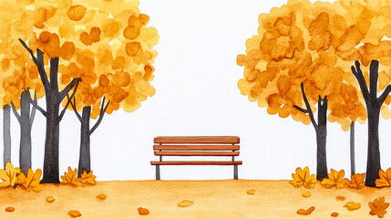 Wall Mural - A peaceful autumn park bench surrounded by golden leaves and tall trees watercolour illustration 