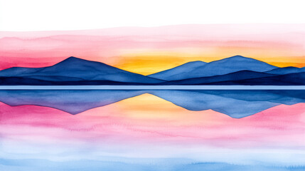 Canvas Print - A serene winter landscape with a frozen lake reflecting a pastel toned sunset watercolour illustration 