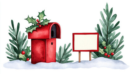 Canvas Print - A snow covered red mailbox decorated with festive holly and a holiday card watercolour illustration 