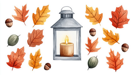 Canvas Print - A vintage lantern emitting a warm glow surrounded by autumn leaves and acorns watercolour illustration 