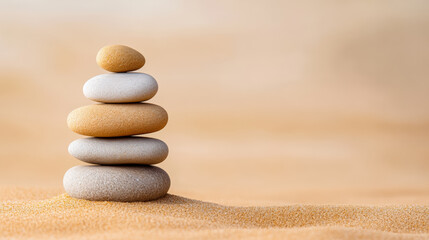 Poster - Closeup of smooth stones stacked in balance on a sandy surface zen like background for meditation and relaxation calming focus 