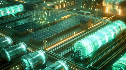 Poster - A state-of-the-art facility producing green hydrogen, with solar panels and wind turbines providing power, and hydrogen being stored in sleek, glowing tanks ready for transport