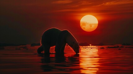 The silhouette of a polar bear in the midnight sun