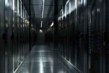 Poster - A sleek and futuristic view of a data center corridor featuring numerous server racks along with ambient lighting