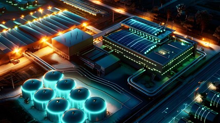 Poster - A state-of-the-art facility producing green hydrogen, with solar panels and wind turbines providing power, and hydrogen being stored in sleek, glowing tanks ready for transport