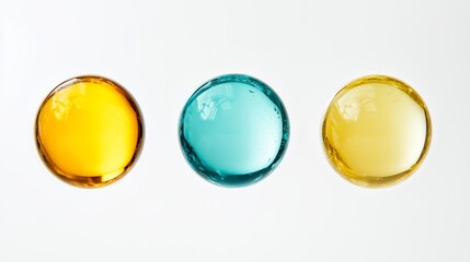 Poster - three colorful spherical droplets of liquid on a white background