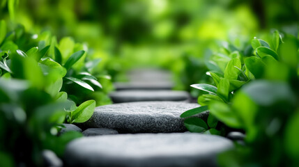 Wall Mural - Soothing zen garden with a stone path surrounded by lush green plants in soft focus calming nature background serene and tranquil 