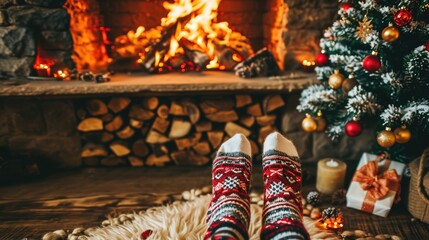 Wall Mural - A cozy Christmas scene with a warm fireplace and festive socks.