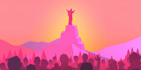 Sticker - Ministry of Jesus. Silhouette of Jesus standing on top of a mountain and preaching to the crowd. Watercolor painting