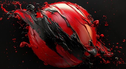 Poster - A vibrant 3D design featuring a striking red and black sphere, surrounded by dynamic fluid splashes that highlight artistic motion and vivid colors, captivating the viewers attention
