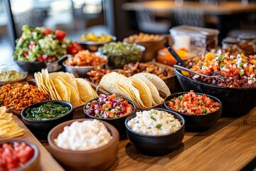 Colorful taco bar spread with various toppings in a lively restaurant setting during a casual dining experience