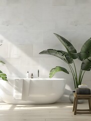 A bathroom with a white bathtub and a potted plant