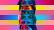 © master1305 - Collage made with horizontal stripes of human eyes, different models, men and women of different nationality against multicolored background in neon light. Concept of human emotions, facial expression