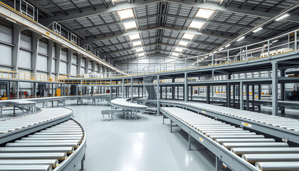 Wall Mural - Empty production line. Multi-tier conveyor inside building. Production line inside large hangar. Conveyor of rotating rollers. Production facility without people. Conveyor belt. 3d image isolated wi