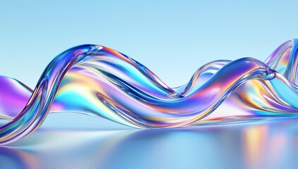 Poster - The background for banners is an abstract design element featuring an abstract nature landscape with a transparent glossy glass ribbon floating on the water and a holographic curved wave in motion.